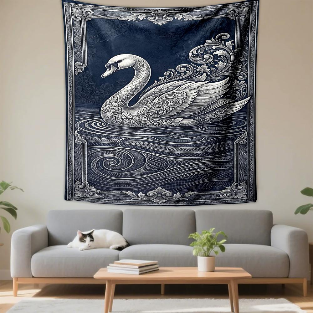Decorative Wall Tapestry - Ornate White Swan Baroque Engraving Navy Blue Elegant Art Living for Bohemian Home