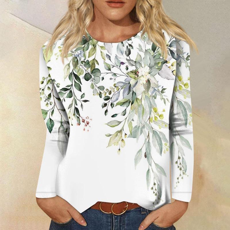 Женская мода повседневная с длинным рукавом цветочный принт круглый вырез пуловер топ блузка футболки женские