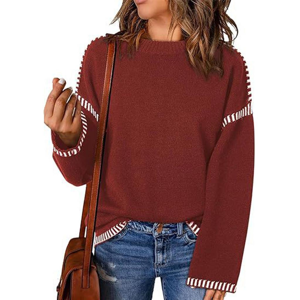 Women's Solid Color Loose Casual Patchwork Knitted Pullover Sweater Round Neck Long Sleeved Sweater Top
