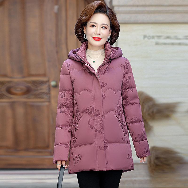 Пуховик женский средней длины зимний новый стиль с капюшоном модный тонкий большой размер женская куртка для мам