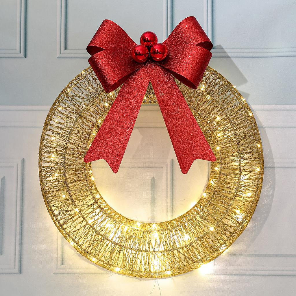 Christmas Metal Light Up Wreath With LED Warm Lights And Ribbon Bow Holiday Decoration