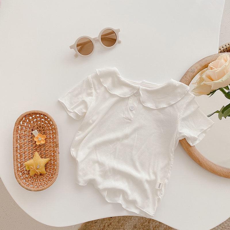 Летняя футболка для девочек из ледяного шелка с коротким рукавом и воротником Питер Пэн – однотонная, тонкий стиль, универсальный детский топ.