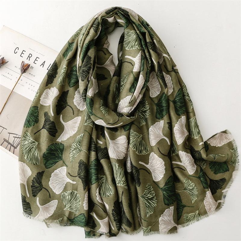 Vibrant Bohemian Ginkgo Biloba Floral Chic Scarf -Fashion Scarves With Multicolor Print, Thin Breathable Cotton Blend, Windproof