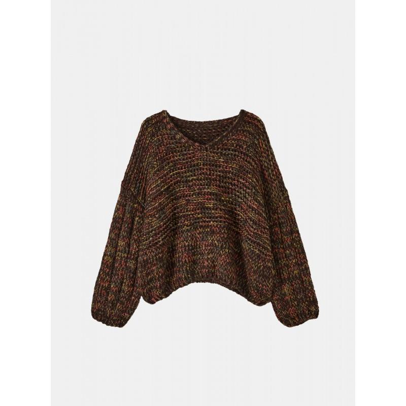 Womens Oversized V-Neck Knit Sweater In Mixed Color Streetwear Style Loose Fit Long Sleeve Fall 2025
