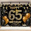 1 fashionable 65th birthday party background, black and gold polyester flag, with balloons and ribbons