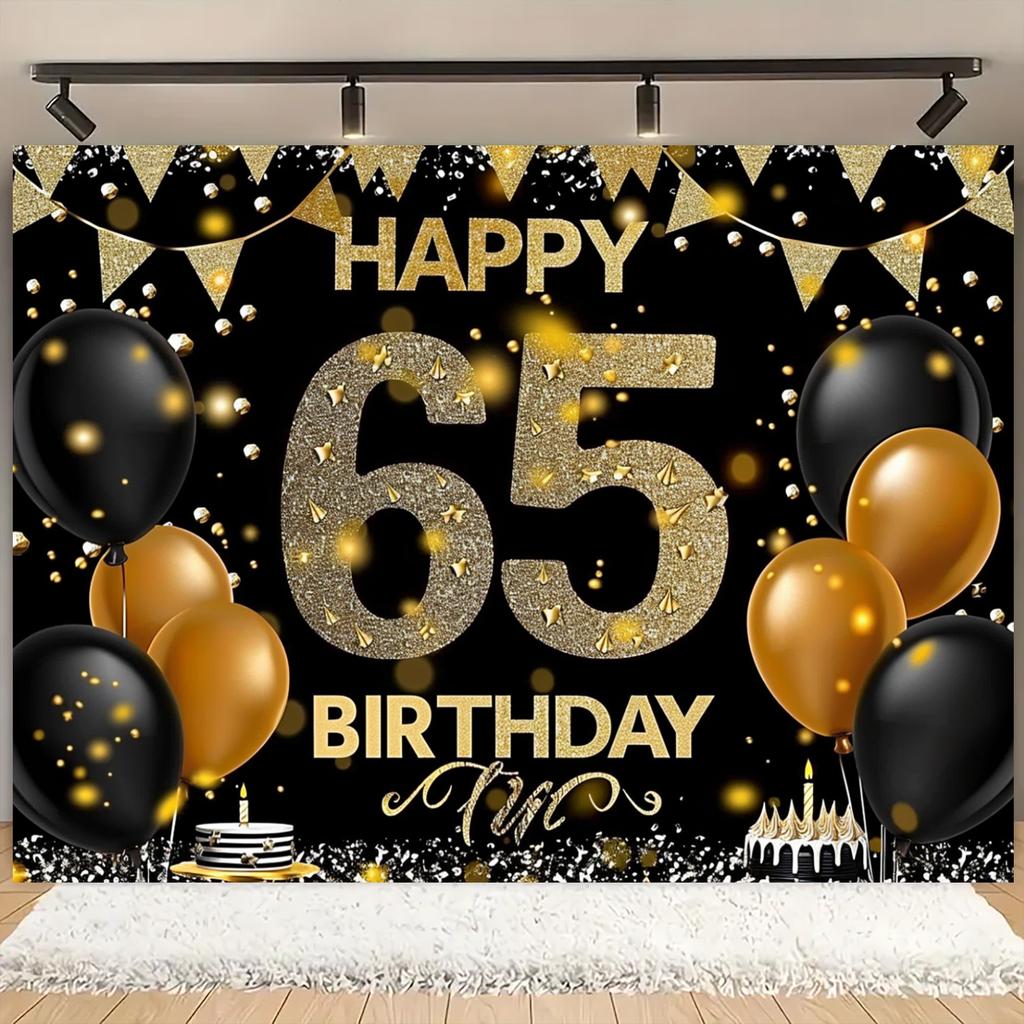 1 fashionable 65th birthday party background, black and gold polyester flag, with balloons and ribbons