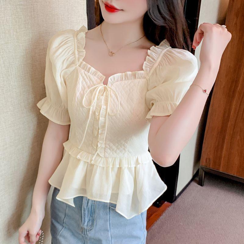 Chiffon Shirt Short Sleeve New Women's Niche and Unique Waist-hugging Top