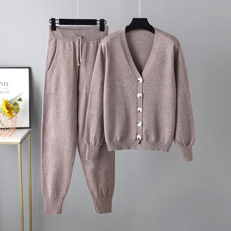 Autumn and Winter New Collar Cardigan Sweater Harlan Pants Set Solid Color Cardigan Sweater Two-piece Set