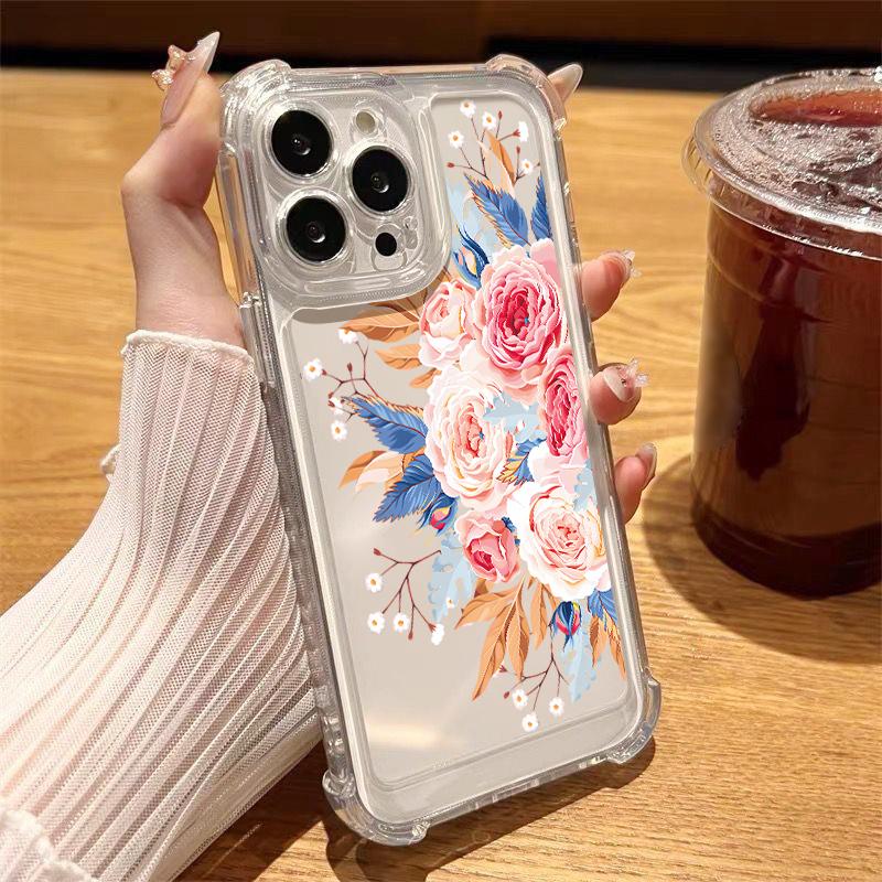 Для iPhone 16 Pro Max 16E 15 Pro 14 13 12 11 Чехол для телефона Прозрачный с цветочным принтом Противоударный Мягкий силиконовый Ударопрочный Защита объектива Бампер