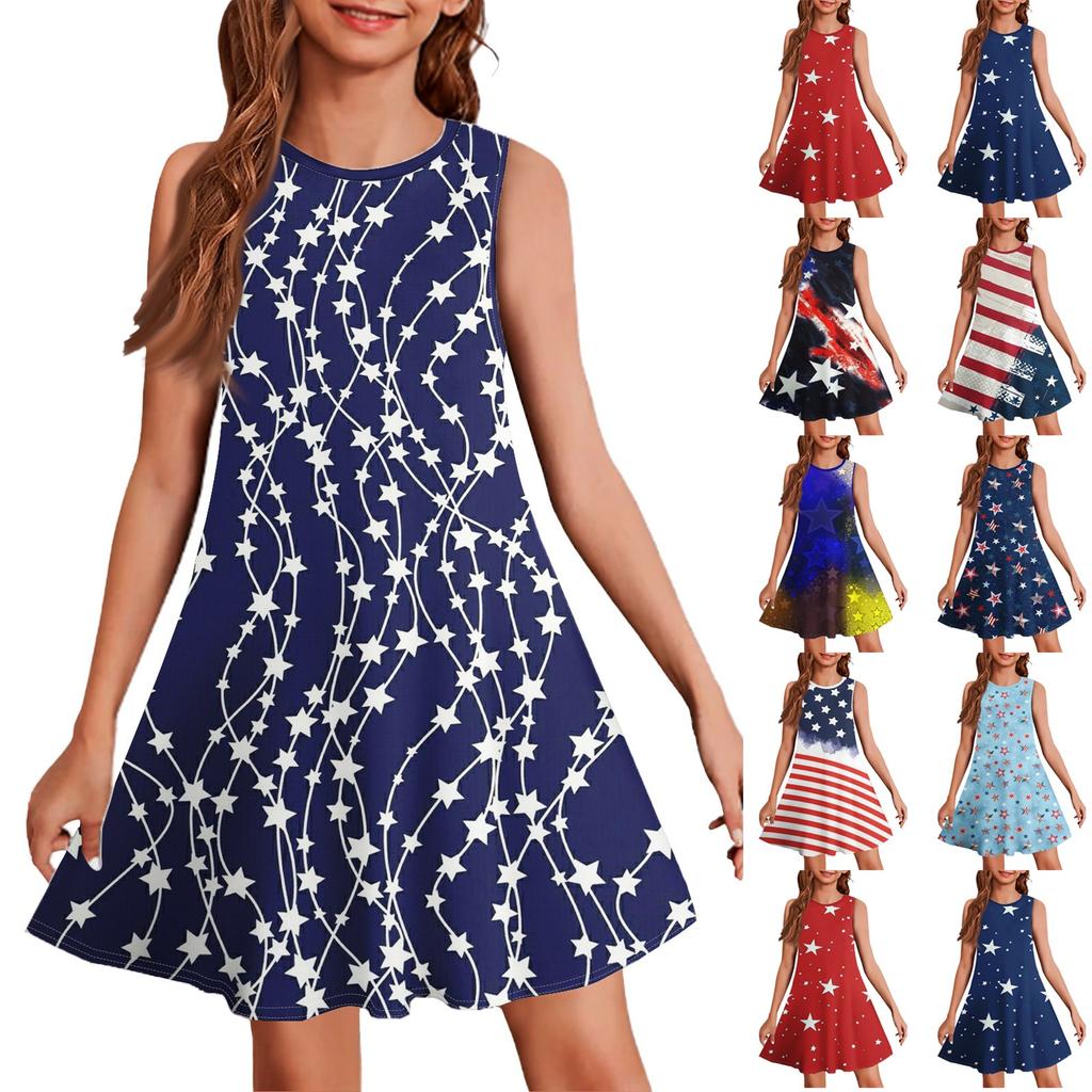 Girl Summer Dress Sleeveless Printed Color Casual Dress