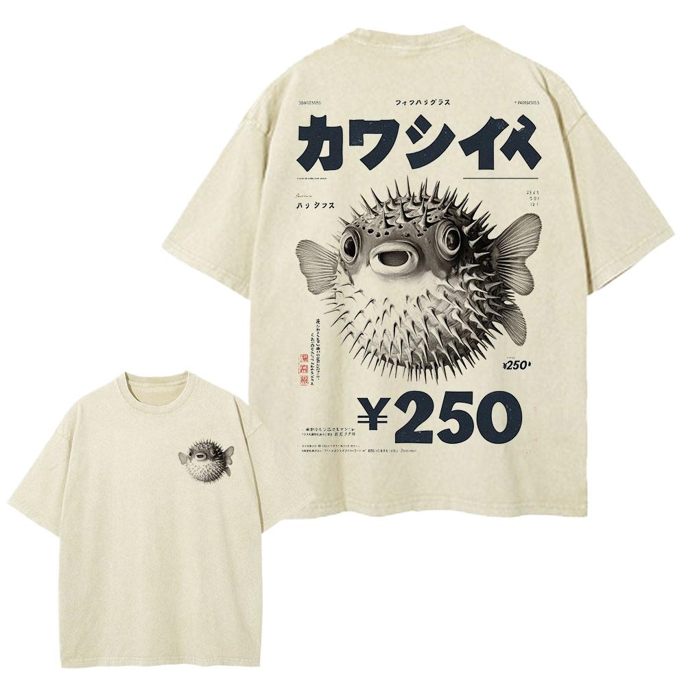 Japanese Pufferfish Print TShirt Unisex Double Sided Kawaii Blowfish Oversized Short Sleeve Crew Neck Vintage Streetwear Tee