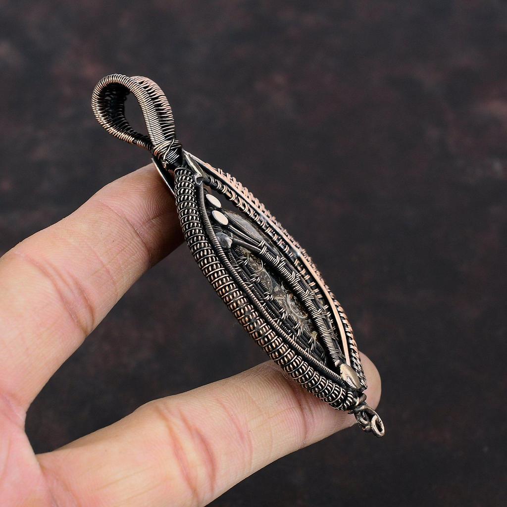 Подвеска из агата Turritella, обернутая медной проволокой, подвеска из драгоценного камня, ювелирные изделия из агата Turritella, подвеска ручной работы для подарка, ювелирные изделия из медной проволоки