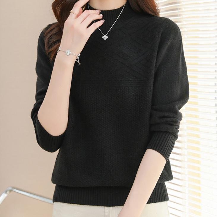 Однотонный вязаный свитер, женский повседневный свитер с полувысоким воротом, универсальный эластичный пуловер с длинными рукавами