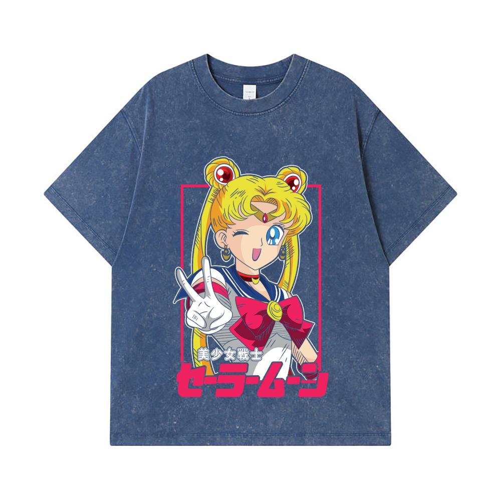 Стирка Т-ширт 275 г/м² 100% Хлопок Sailor Moon V9 Принт Минако Унисекс Тяжелый Хлопок Т-футболка