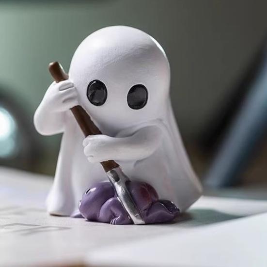 1/2Pcs Halloween Ghost Figurine Mini Cartoon Ghost Statue PVC Sculpture Miniature Ghost Ornament Home Office Desktop Decoration
