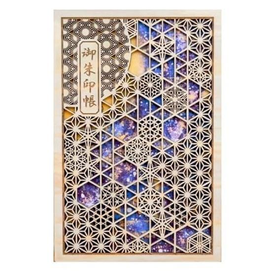 Asunaro Show-off Goshuin Book Large Size Flower Bird Wind Moon Wooden Chizu Cedar Clear Cover Made Japan Kumiko Pattern Iyo Washi