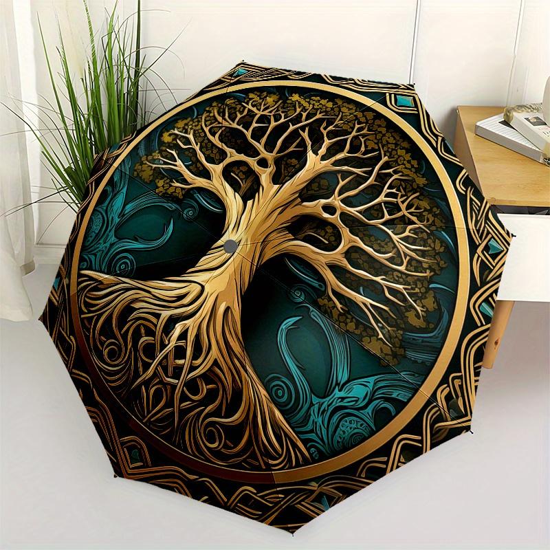 Tree of Life Wall Art: Nature's Wisdom in Every Branch Umbrella, Cute Umbrella with Cute Design, Portable 3-Fold Compact Umbrella for Men & Women, Val