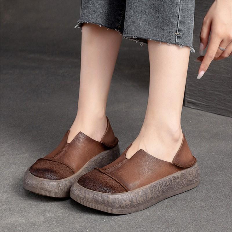 Johnature Туфли на платформе на плоской подошве из натуральной кожи. Мокасины в стиле ретро. Повседневные туфли без шнуровки с круглым носком на мягкой подошве.