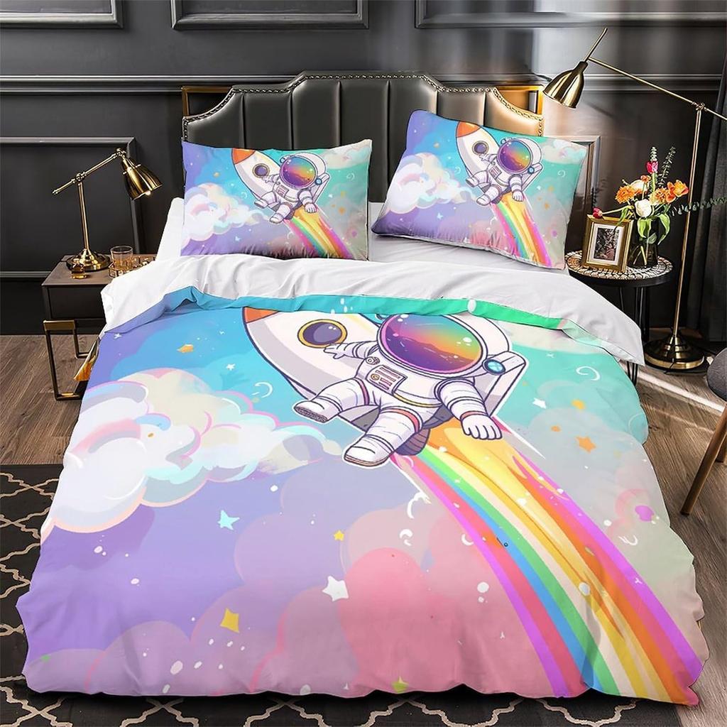 3D Astronaut Duvet Cover Cartoon Bedding Set,Microfiber Comforter Cover Printed with Zipper Closure Quilt Cover and Pillowcases