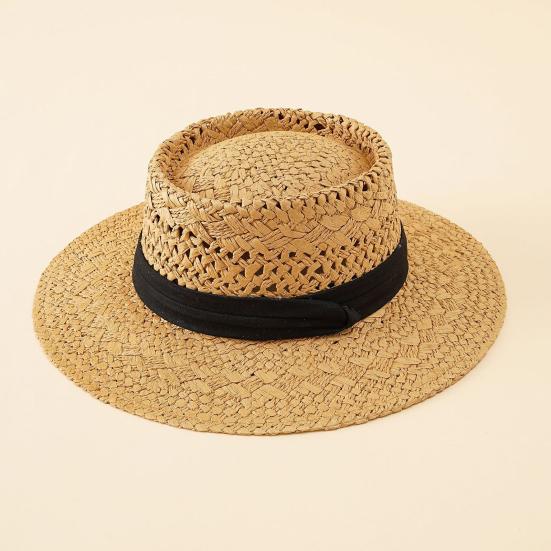 Женская летняя шляпа от солнца соломенная плетеная в стиле ретро в английском стиле с плоским верхом, сплошная цветная шляпа с широкими полями, защита от УФ-лучей, пляжная кепка для отпуска