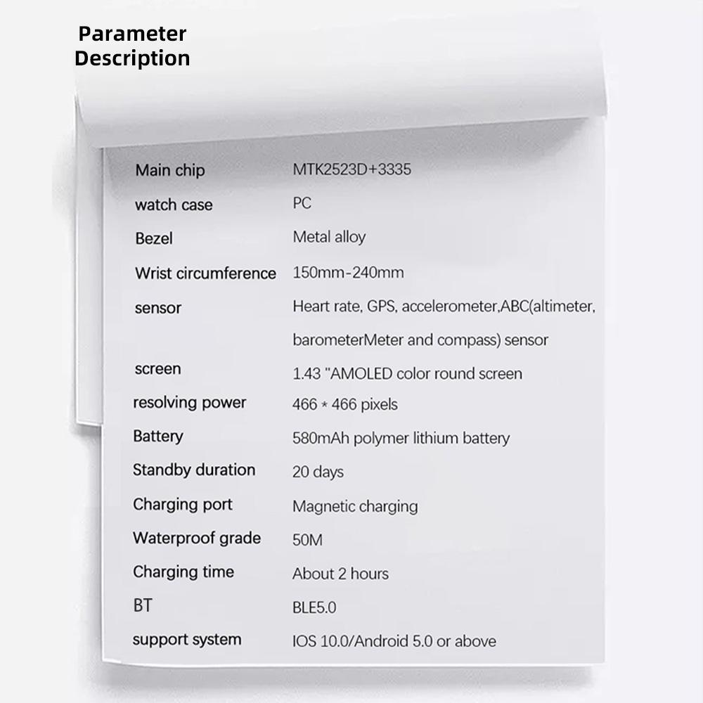 Мужские спортивные часы с GPS, четыре глобальных спутника, 1,43 дюйма, высокий ясный AMOLED-дисплей, 50 м, водонепроницаемое здоровье
