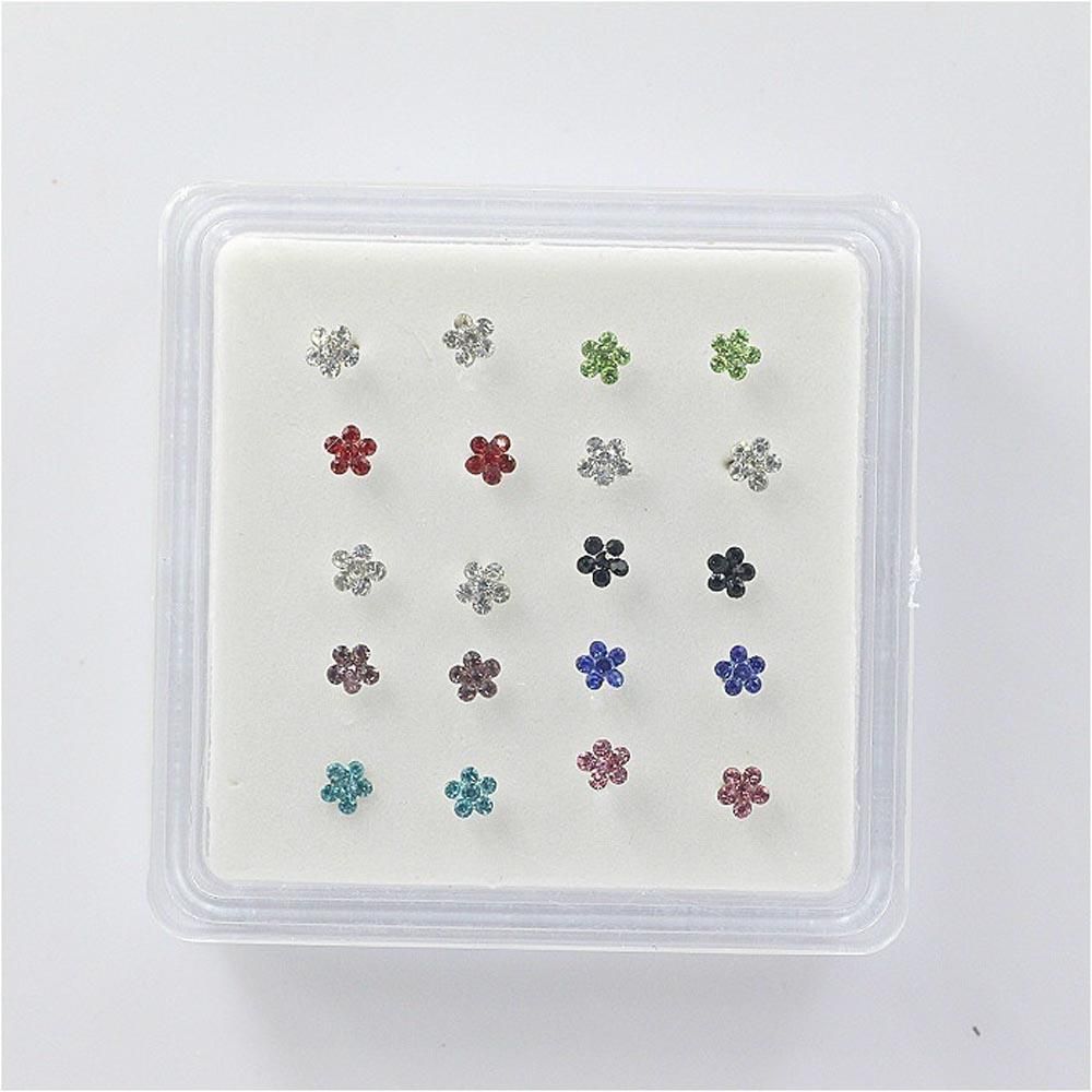 Silver 20PCS Fashion Stainless Steel Jewelry Nose Rings Gems Flower Body Piercing Nose Studs Ring
