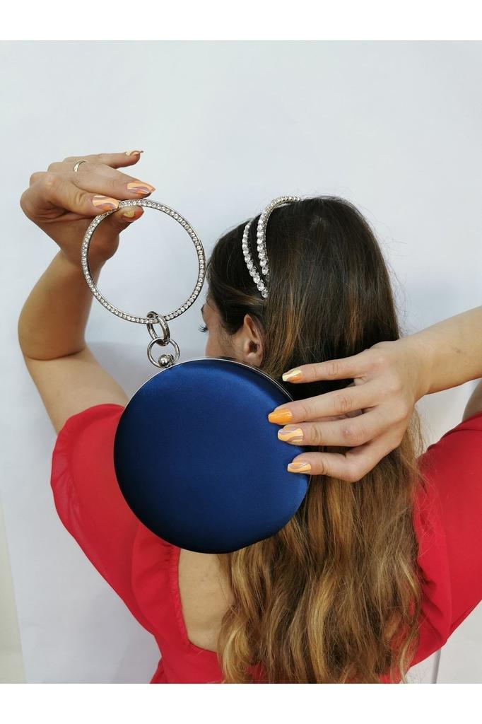 Women's Stylish and Useful Evening Dress Bag Women's Satin Saks Blue Round Evening Dress Clutch Portfolio Bag