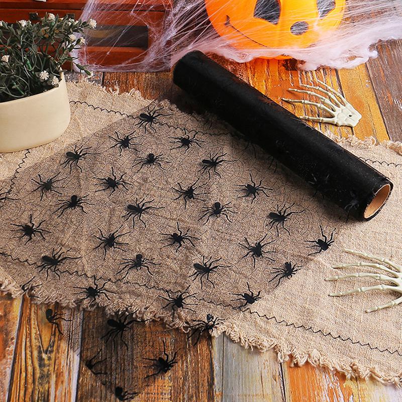 Halloween Mesh Table Flag Lace Tablecloth Bat Spider Web Skull Pattern for Party Decoration Haunted House Autumn Pumpkin Design