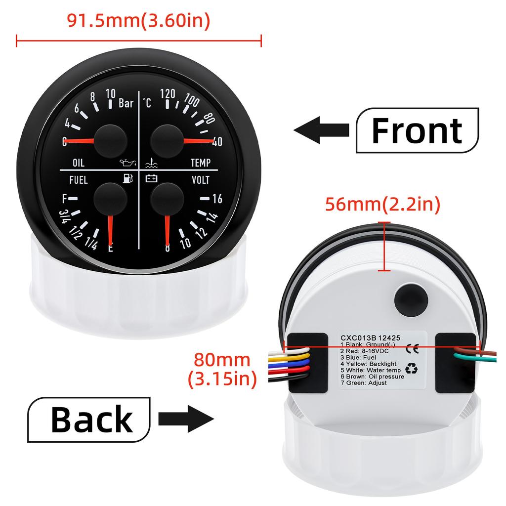 ZMFJH Auto Car Boat Multifunctional 80MM Gauge 10BAR,150PSI Oil Pressure+Water Temperature+Fuel Level Gauge+Voltage 7 Color LED