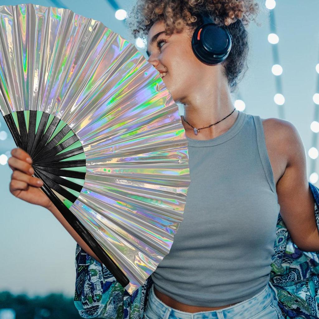 Большой мерцающий красочный складной ручной веер для линейного танца, боевого искусства тайчи, ручной веер со светоотражающим дизайном, подарок