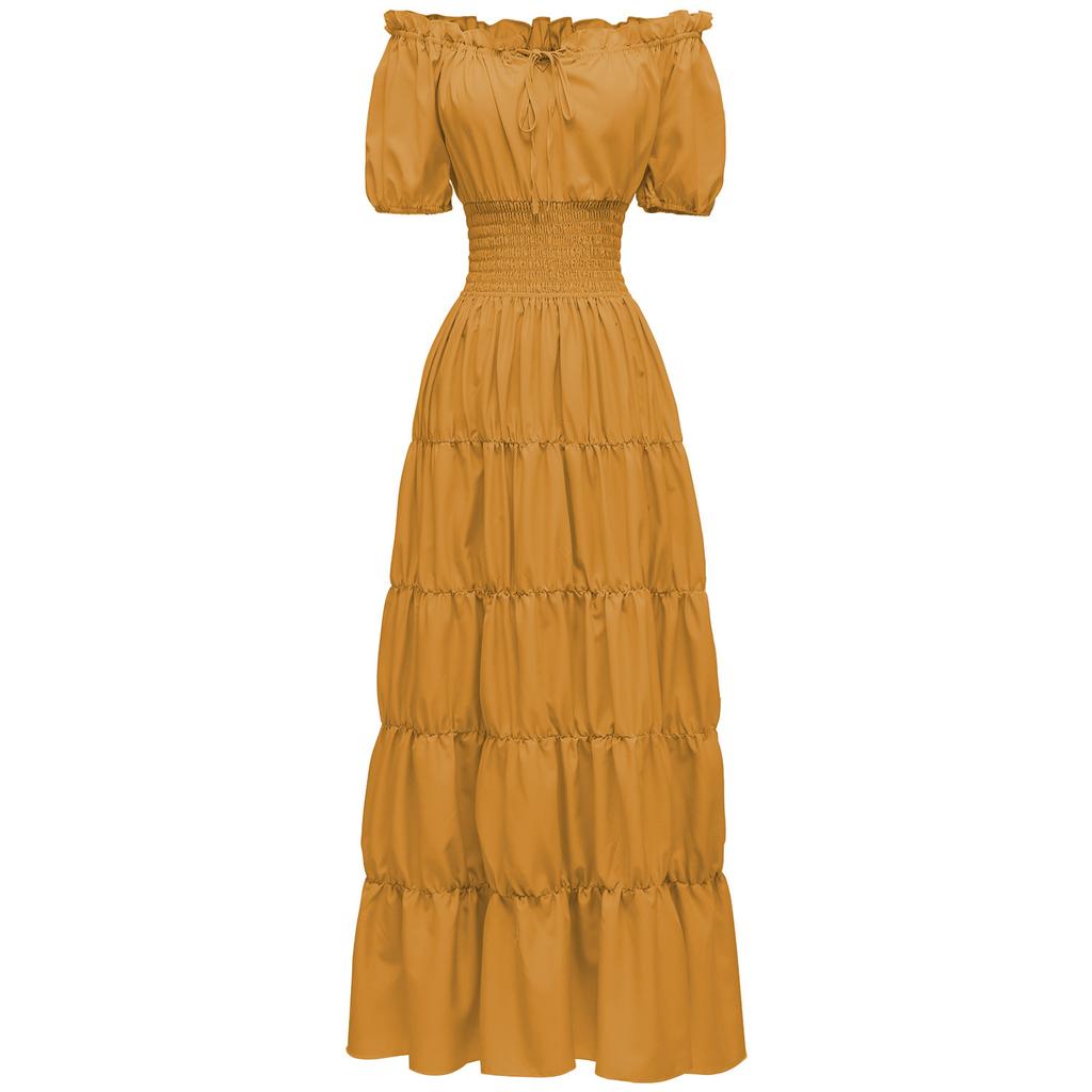 Women's Solid Color Short Sleeve Boat Neck Waist Medieval Retro Long Plus Size Dress