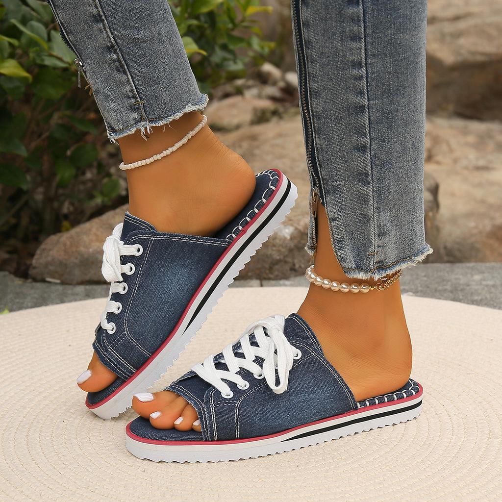 2025 Женские парусиновые плоские тапочки женские на шнуровке с открытым носком новые женские повседневные модные джинсовые пляжные туфли больших размеров