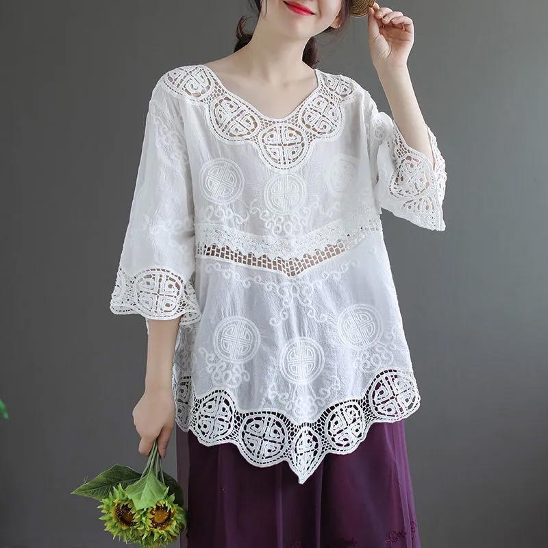 Рубашка Топы Женская хлопковая блузка большого размера Удобная вышитая рубашка с длинным рукавом и V-образным вырезом Кружевная рубашка Топы