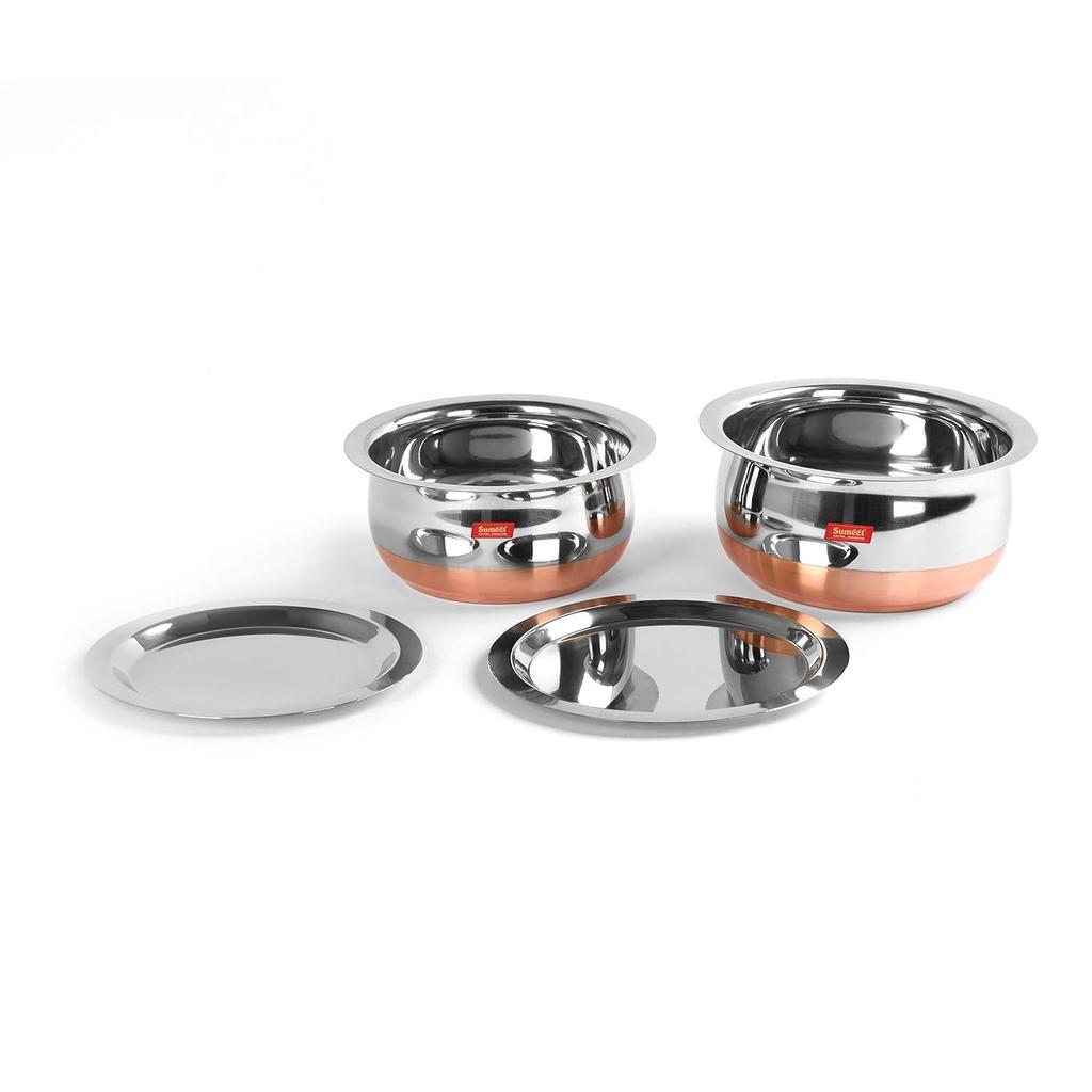Stainless Steel Copper Bottom Belly Shape 2 Pc Tope/Cookware/Pot Set with Lid 1.1 Liter, 1.4 Liter (Silver)
