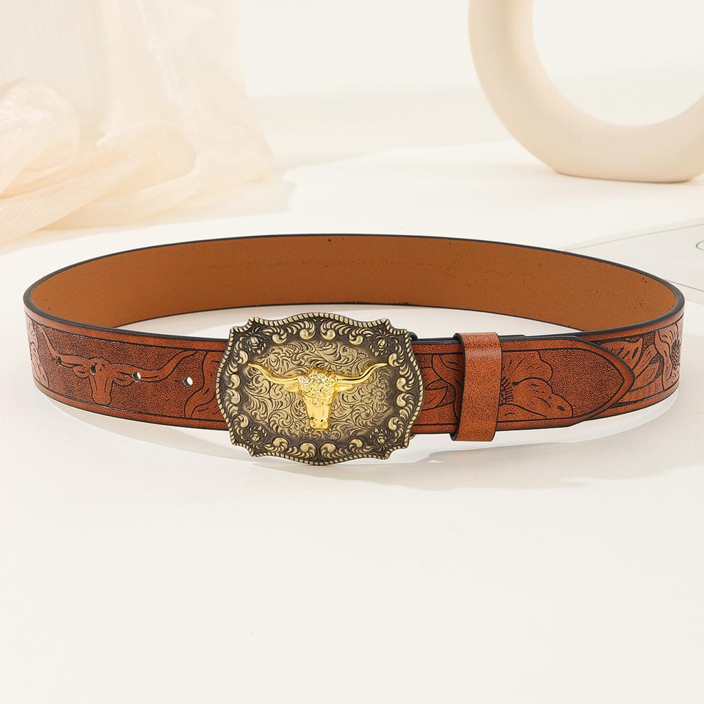 Vintage Western Belt Longhorn Bull Belt Buckle Belt Cowboy Belts For Men Western With Big Buckle Jeans Belt Leather Belt