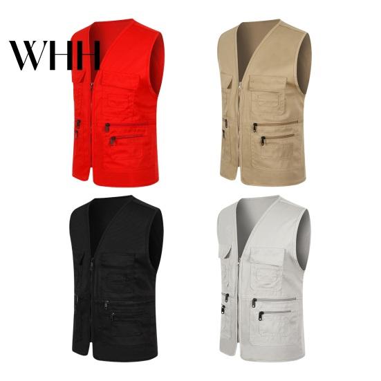 Zipper Closure Waistcoat Men Summer Cargo V-Neck Sleeveless Multi Pockets Sports Comfortable Outdoor Vest Solid Color Placket Volunteer Safety