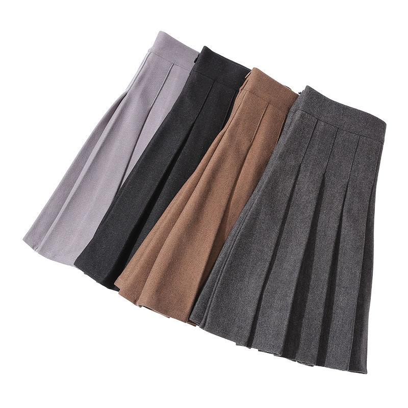 Women's High Waist Woolen Pleated Skirt, Autumn and Winter Ladies' A-line Skirt