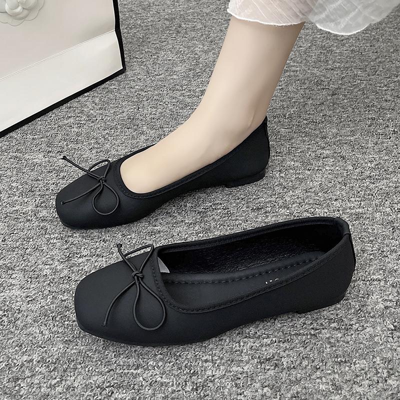 2024 Новые модные однотонные туфли с квадратным носком на плоской подошве для женщин с бантом и неглубоким носком, простые повседневные туфли на плоской подошве для женщин