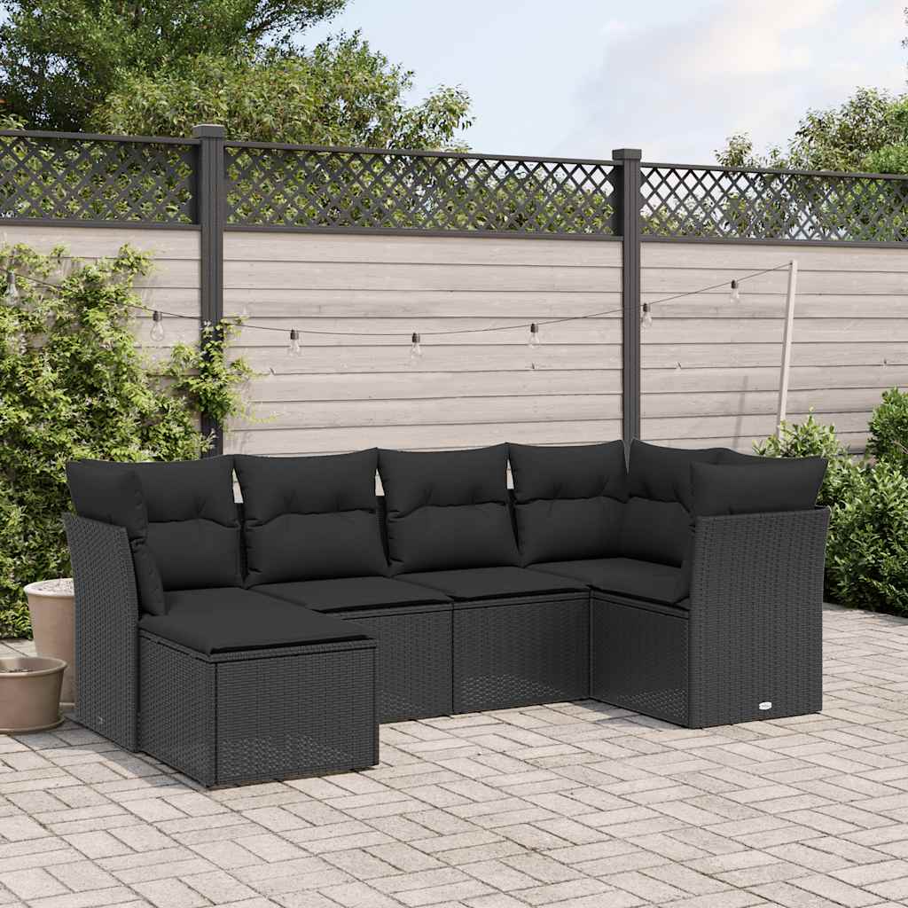 6 Piece Outdoor Sofa Set with Cushions Black Poly Rattan