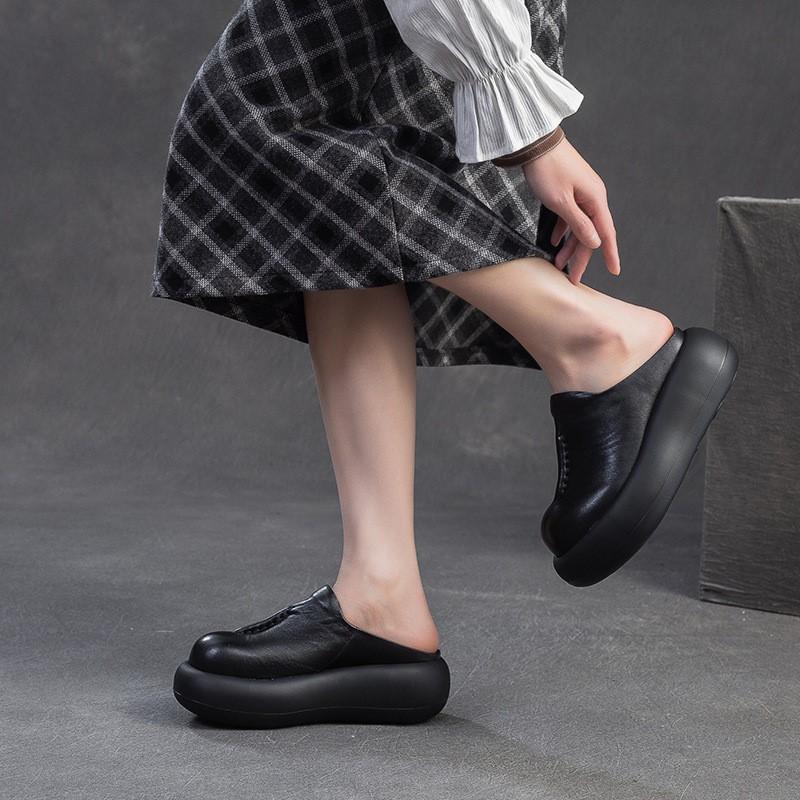 Johnature Thick Soled Slippers Genuine Leather Round Toe Versatile Women's Flat Platform Shoes