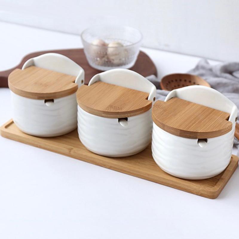 Japanese Style Ceramic Seasoning Jar Set Wood Lid Bamboo Tray Base Spice Jar with Spoon Home Sugar Salt Spices Storage Container