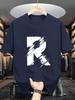 Men  Cotton Crew Neck T Shirt Big Scratch Brush Stroke R Letter Print Black Minimalist Short Sleeve Street Tees