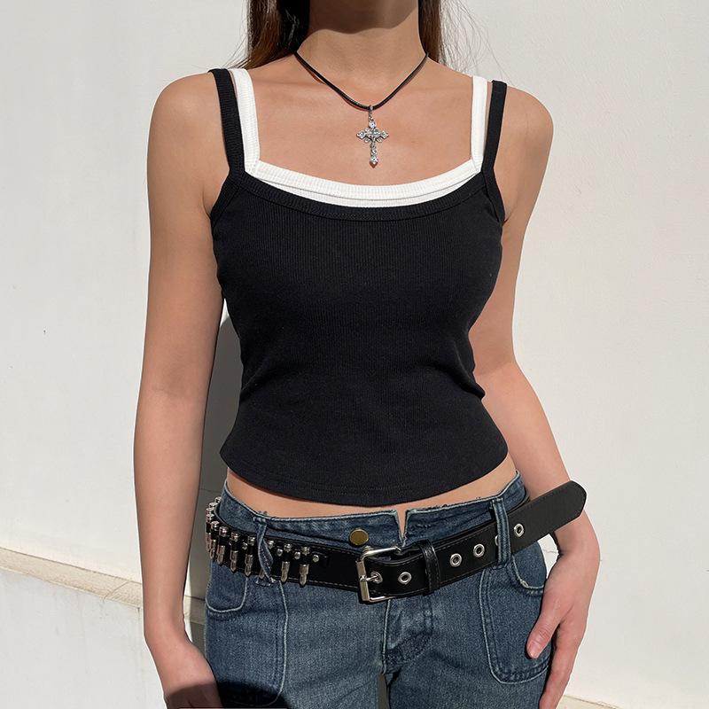 Contrast Fake Two-piece Crop Top Casual Patchwork Sleeveless Fashion Camis Vintage Y2k Women Summer Tees Ladies Mini Vest