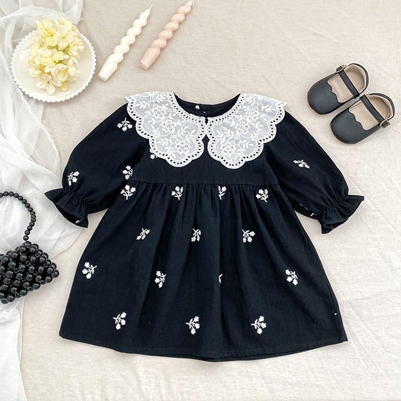 Girls Long Sleeve Dress Cotton Embroidered Turn-down Collar A-line Skirt Toddler 3-8 Years