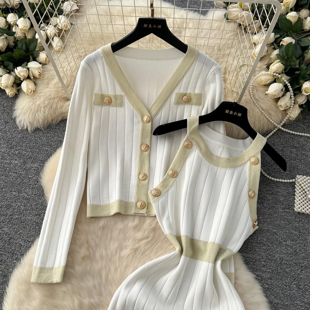 Autumn Winter Women Knitted Sweater Two Piece Set V-neck Jacket Coat and Sleeveless Long Midi Slim Bodycon Sheath Dress Suit