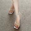 2024 Female Shoes Ankle-wrap Women's Sandals Plus Size Party Sandals Women Crystal Square Toe Thin Heel Buckle Strap Shoes Women