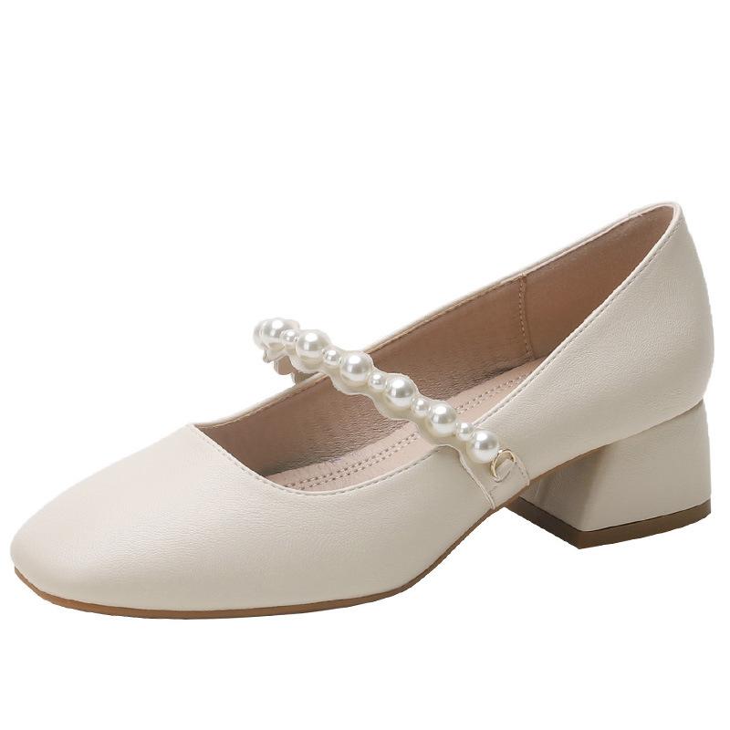 Квадратный носок жемчужное слово с туфлями Мэри Джейн на высоком каблуке женские год ретро толстый каблук одинарные туфли женские