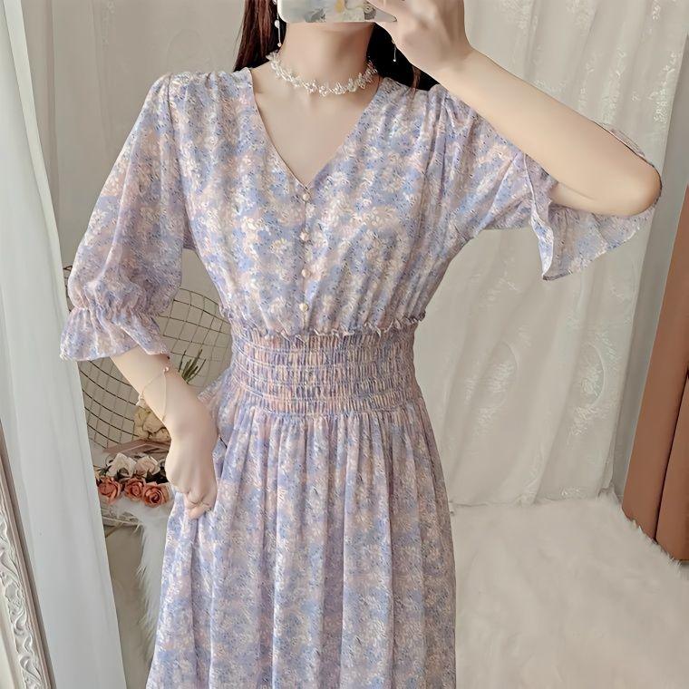 Осенние многослойные платья, женское повседневное платье трапециевидной формы с цветочным принтом и v-образным вырезом, женские шифоновые платья