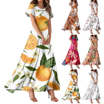 Женское повседневное платье с гавайским принтом, круглым вырезом, короткими рукавами и высокой талией