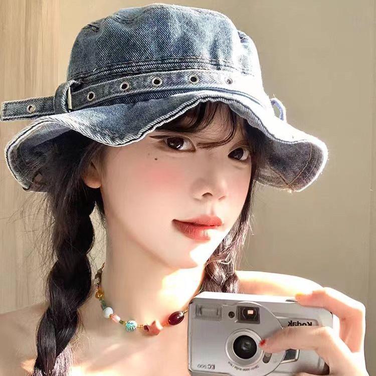 Vintage Japanese Washed Denim Bucket Hat Women Summer Large Head Size Face Slimming Basin Hat Outdoor Sun UV Protection Cap